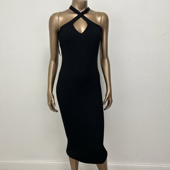 New Bebe Lindsey Halter Black Ribbed Bodycon Maxi Dress Size L Sleeveless - Picture 1 of 10